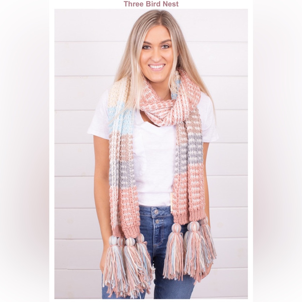 Three Bird Nest chunky knit scarf with tassels